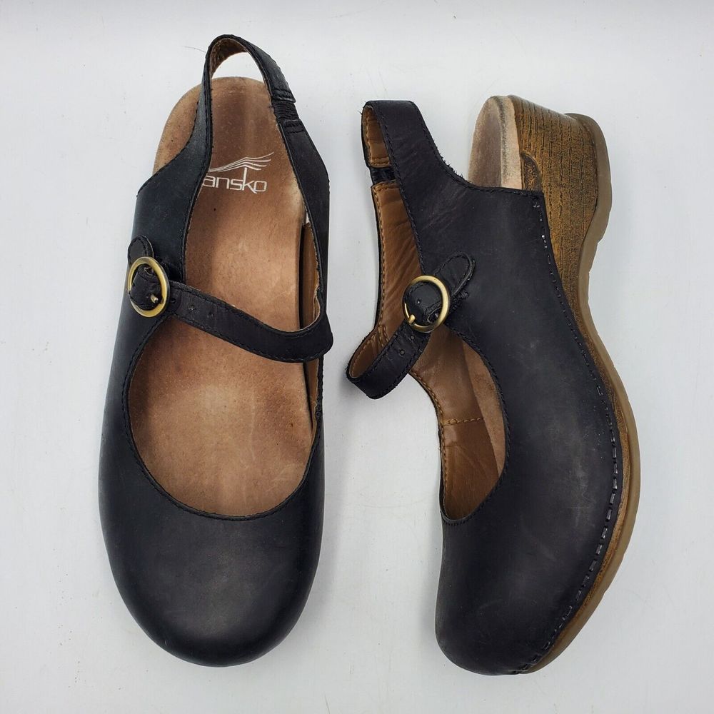Dansko Maureen Mary Jane Clogs Black Leather Closed Round Toe Wedge size 37